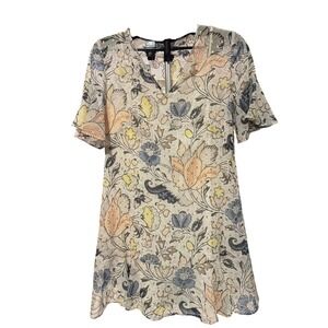 LOFT Floral Metallic V-Neck Flutter Sleeve Ruffle Hem Shift Dress XS Multi-Color
